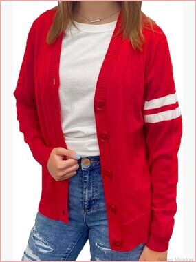 Women's V Neck Knit Varsity Cardigan Sweater Letterman Lightweight Cardigan